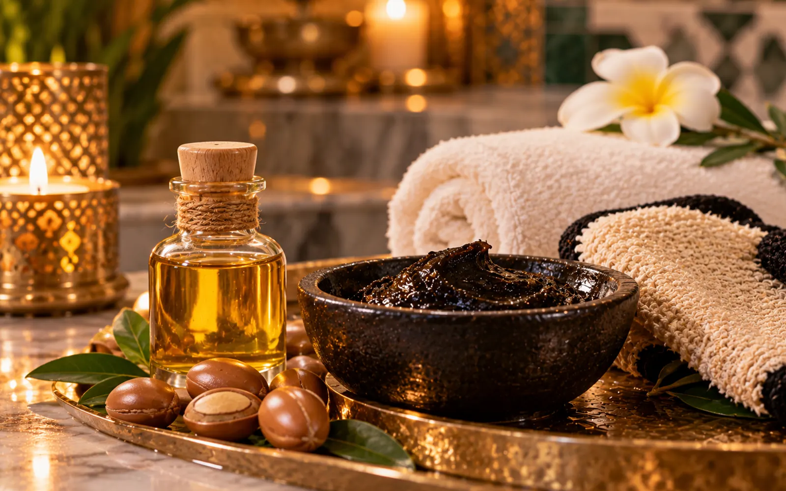 Small glass bottle of argan oil next to a black soap bowl