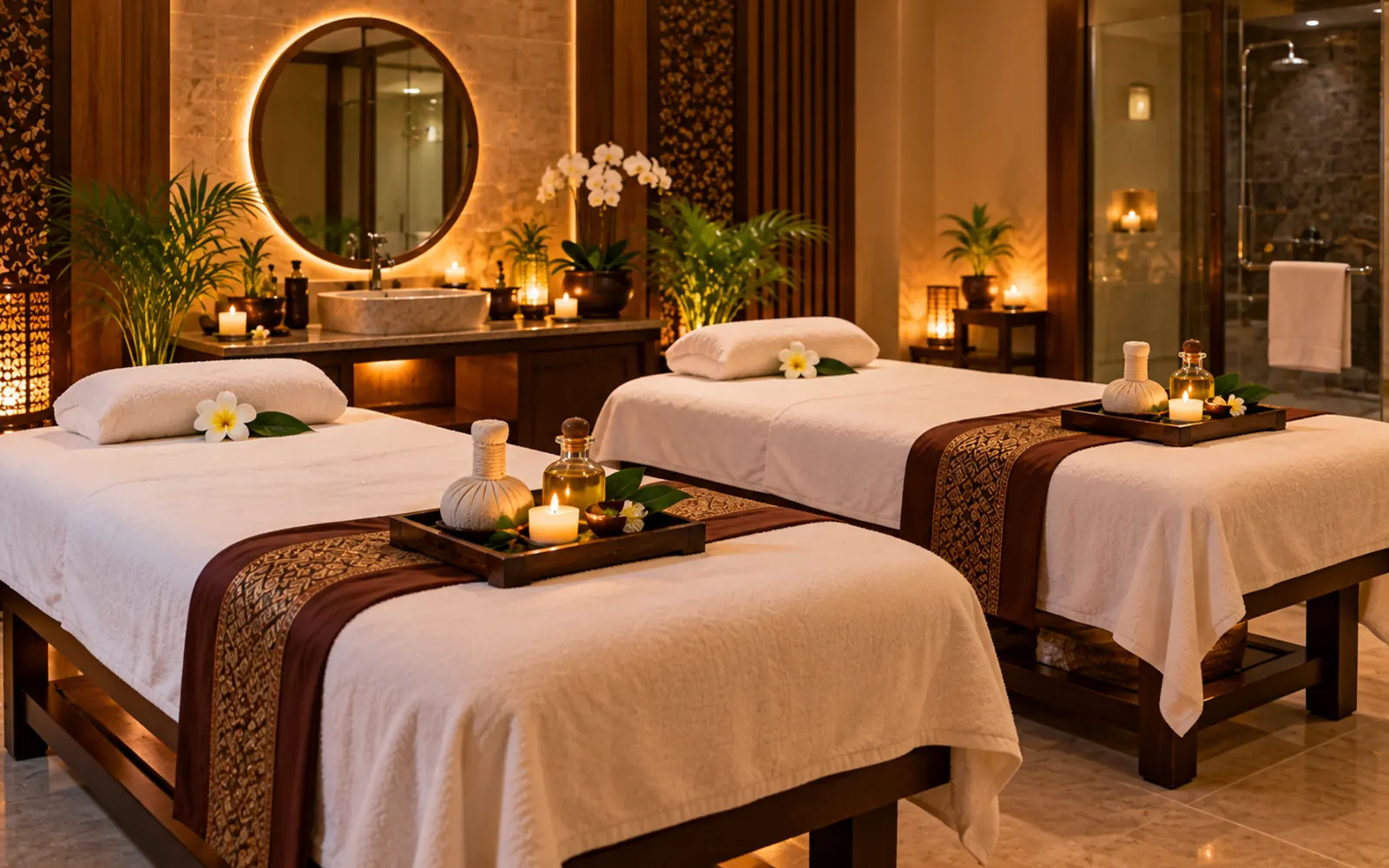 Two massage tables side by side in the Olive Spa couples suite in Fujairah