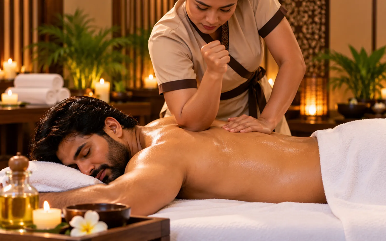 Therapist using a forearm on a guest's shoulder during a deep tissue massage