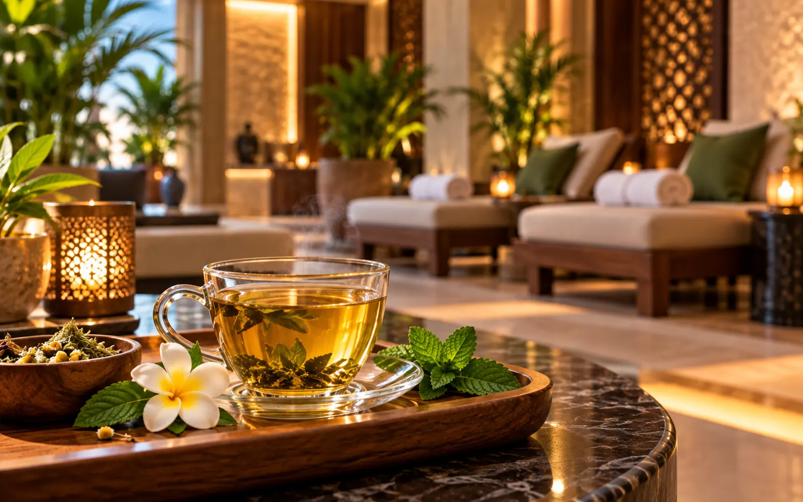 Cup of herbal tea in the Olive Spa relaxation area