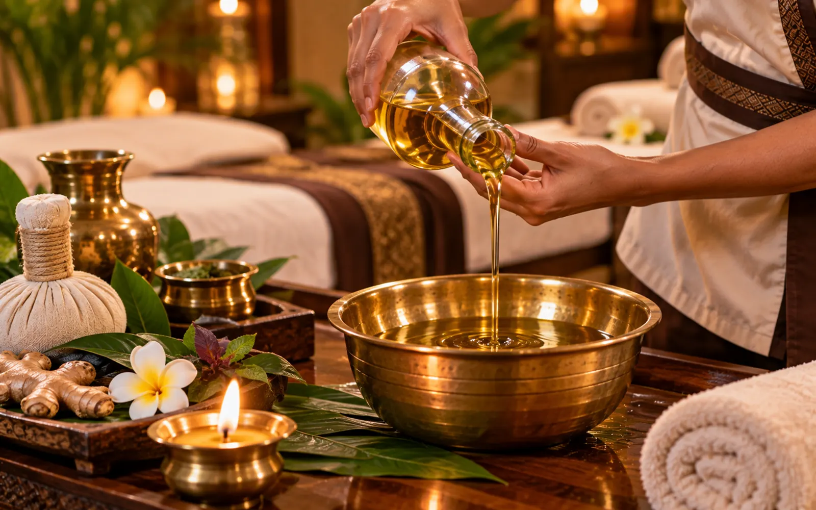 Warm herbal oil poured into a brass bowl for a Kerala Ayurvedic massage
