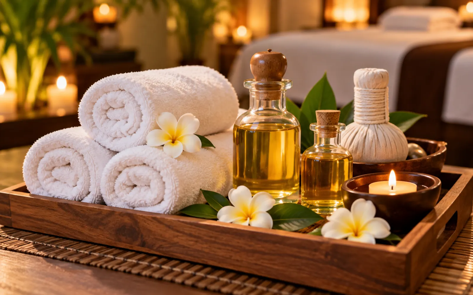 Warm rolled towels and amber massage oil bottles on a wooden tray