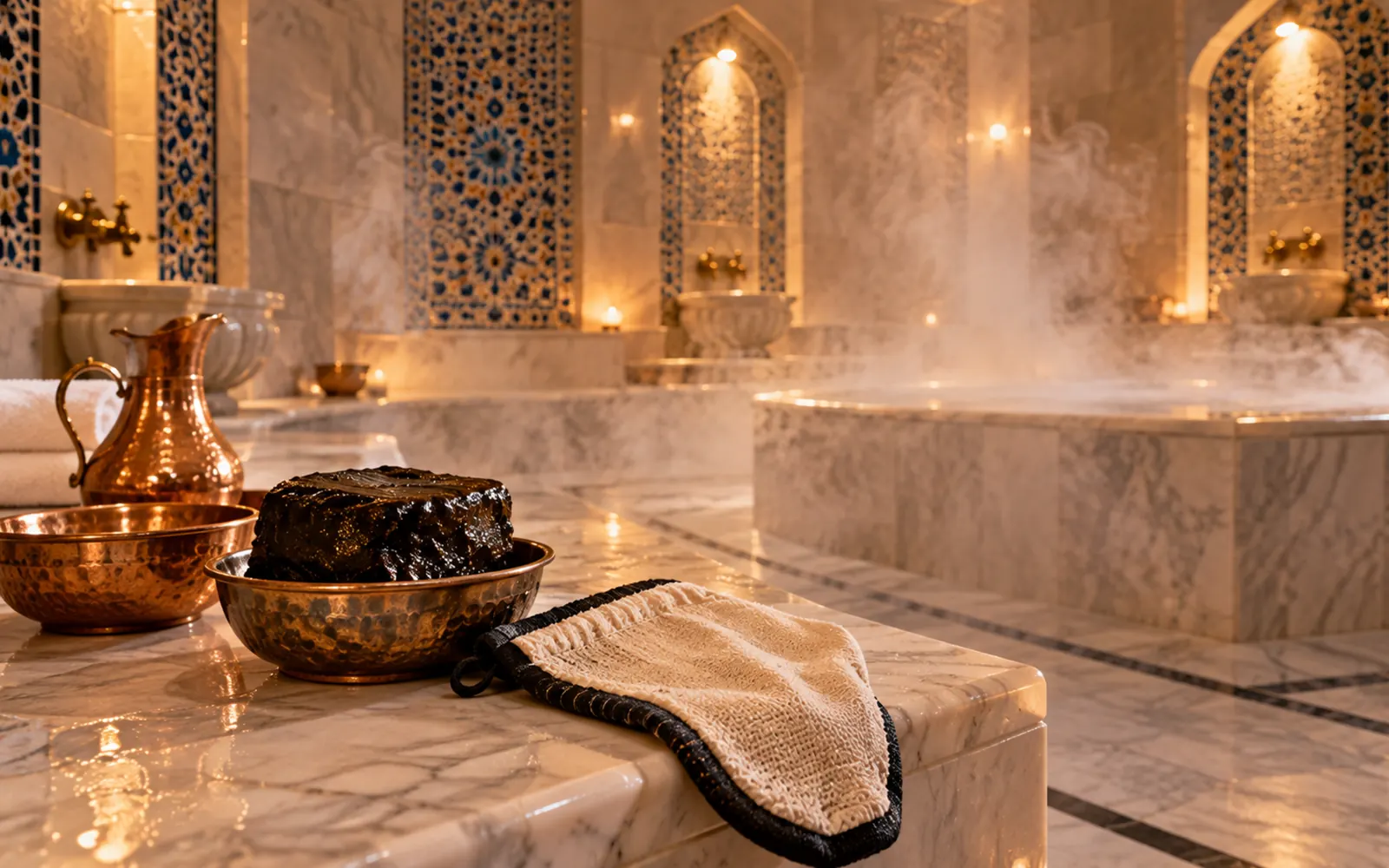 Steamy hammam with black soap and a kessa glove for the Moroccan bath at Olive Spa