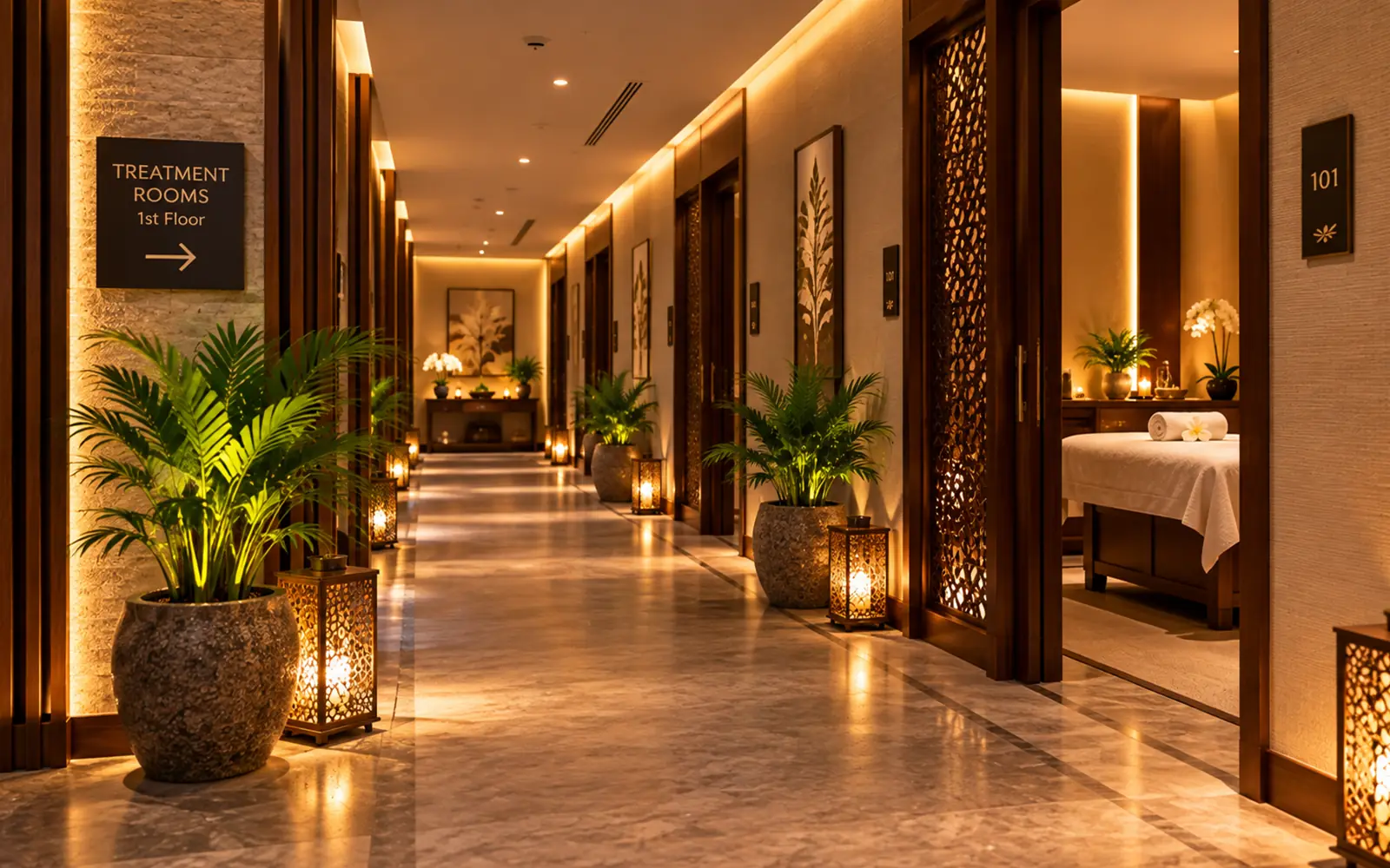 Softly lit corridor leading to the Olive Spa treatment rooms on the 1st Floor
