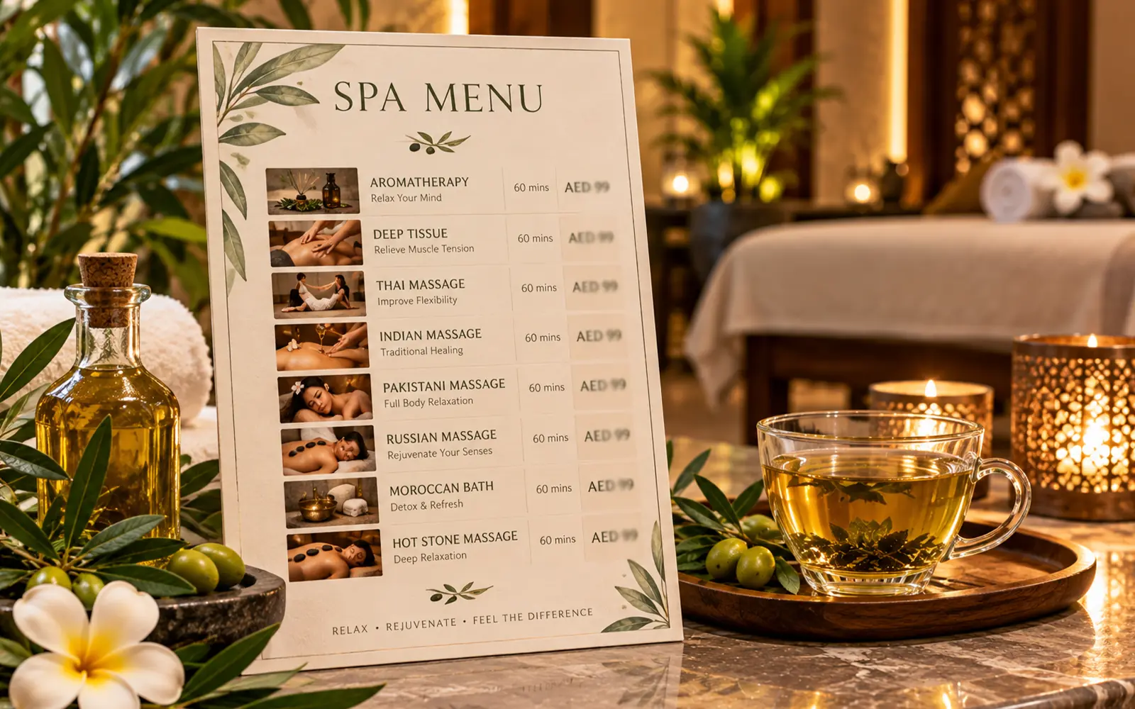 Olive Spa massage menu card beside olive leaves and a cup of herbal tea