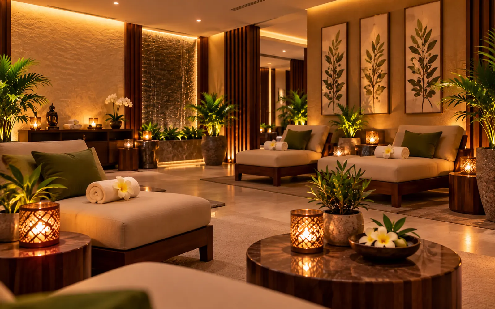 Relaxation lounge at Olive Spa with soft seating and dimmed lights