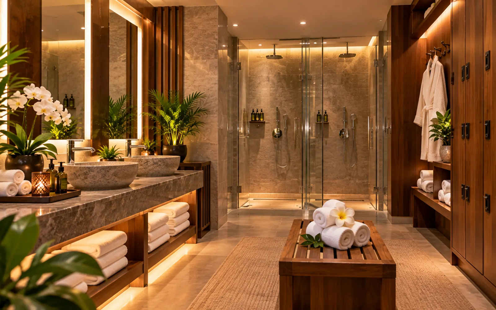 Shower and changing area with fresh towels at Olive Spa Fujairah