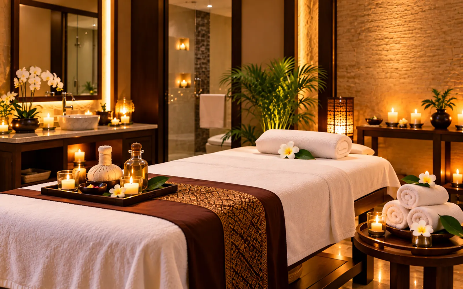 Candlelit treatment room with a massage table and white towels at Olive Spa, V Hotel Fujairah
