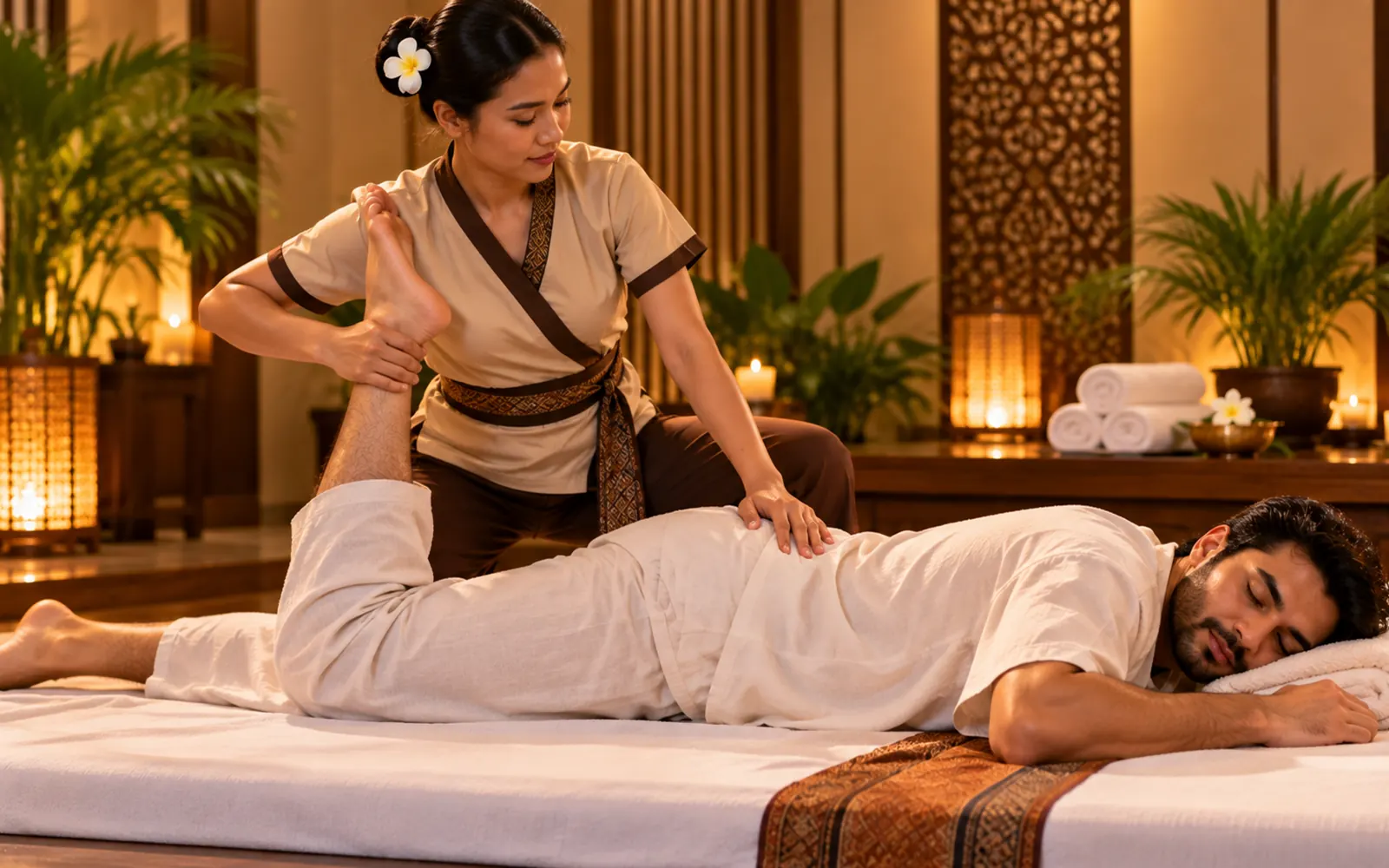 Therapist assisting a leg stretch during a traditional Thai massage in Fujairah