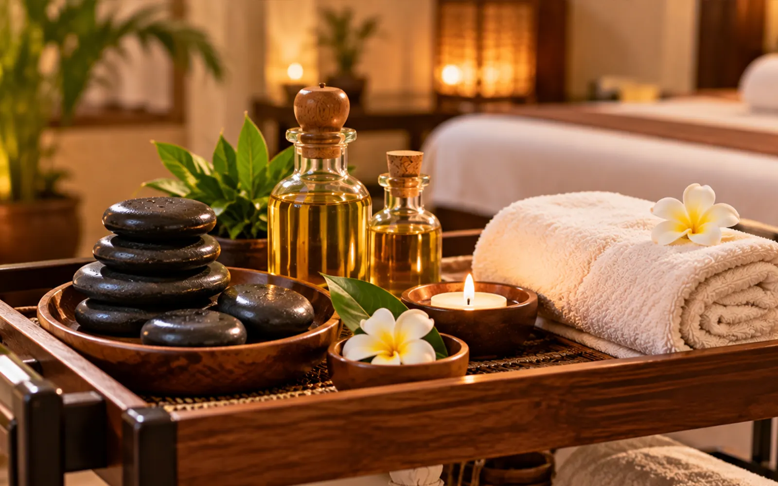 Smooth dark stones and a folded towel on a treatment trolley